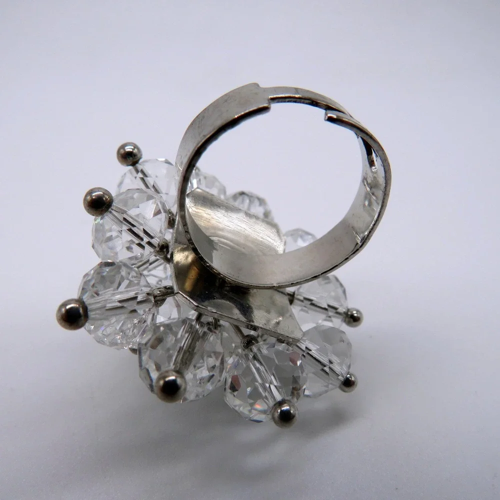Vintage Style Clear Crystal Bead Cluster Cocktail Ring Silver Tone Size 6 Adj